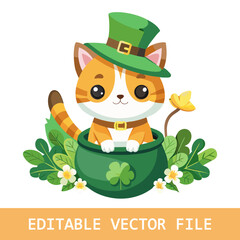 Cute leprechaun cat with pot of gold and shamrocks, St. Patrick’s Day celebration, green and orange, festive cartoon illustration, lucky charm, holiday theme, cheerful and playful design.