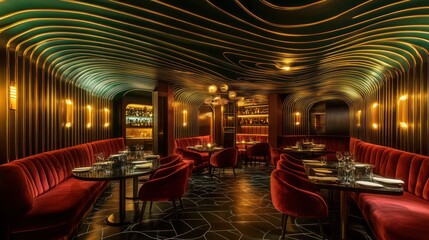 Luxurious, dark restaurant interior, modern design, elegant seating,  ideal for a high-end dining experience