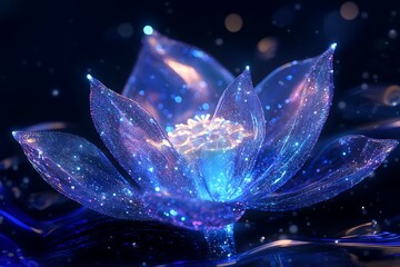 Obraz premium Iridescent digital bloom pulses with violet and teal neon veins floating in a starry black void blending natures grace with a futuristic cyber glow