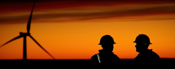 Obraz premium Silhouette of Engineers at Wind Turbine Farm Against Orange Sunset Sky Workers Inspecting Energy