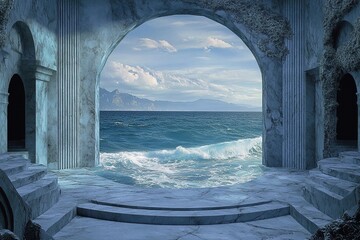 Dramatic theater stage with giant ocean waves crashing in a surreal artistic display