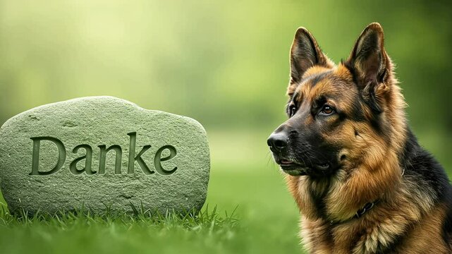 Loyal German Shepherd Dog with "Danke" Message Against Pastel Green Background