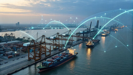 Obraz premium A futuristic depiction of tariffs using holographic trade graphs over a shipping port, visualizing fluctuating costs and economic restrictions in a digital finance landscape.