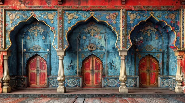 The blue archways are decorated with gold and red designs