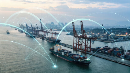 A futuristic depiction of tariffs using holographic trade graphs over a shipping port, visualizing fluctuating costs and economic restrictions in a digital finance landscape.