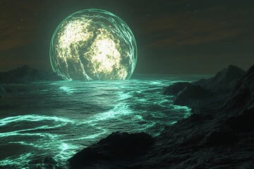 Vivid ocean waves illuminated by a bright azure celestial body at night