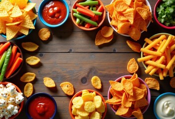 vibrant colorful flat lay featuring array crunchy snack varieties visual feast, appetizers, snacks, treats, assorted, tapas, delights, bites, nibbles