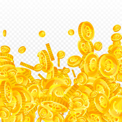 European Union Euro coins falling. Scattered gold EUR coins. Europe money. Great business success concept. Square vector illustration.
