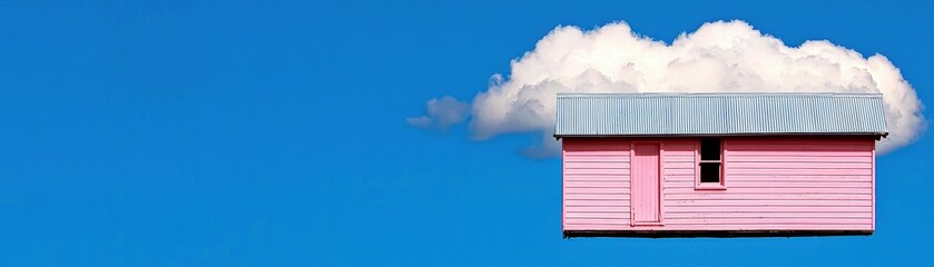 Pink House in the Sky with Clouds Against Clear Blue Backdrop of Serenity and Architectural Dream