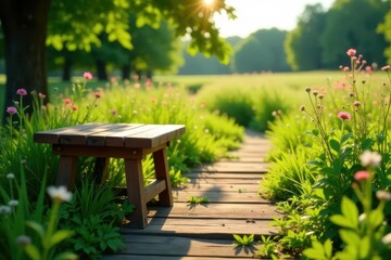 Naklejka premium A rustic wooden bench sits serenely beside a sunlit garden path, surrounded by vibrant wildflowers and lush green grass, bathed in the warm glow of the setting sun.
