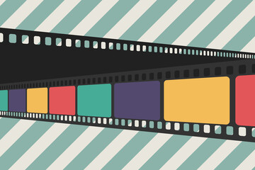 Two crossed filmstrip tapes on striped background. Rainbow colored film strip. Retro movie concept. Vector illustration