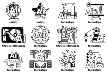 Set of illustrations in the concept of Artificial Intelligence and things in line art style