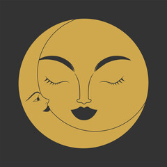 Celestial emblem with crescent and moon pair with human faces. Vector illustration