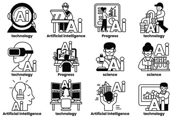 Set of illustrations in the concept of Artificial Intelligence and things in line art style