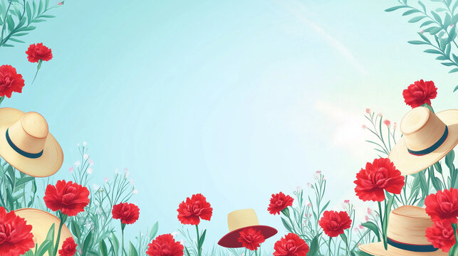 San Isidro Festival sky blue and white color combination with spring sunshine effect, graphic elements in the form of red carnations and chulapo hat