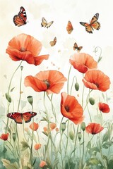 Watercolor painting of red poppies and butterflies in a summer meadow