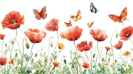 Obraz premium Watercolor painting of red poppies and butterflies in a summer field