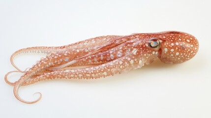 A single squid lying flat on a white background, with tentacles slightly curled and body slightly moist. The minimalist composition emphasizes the natural beauty of the seafood.