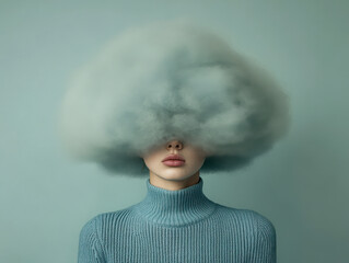 Surreal portrait of a woman with a voluminous soft cloud instead of her head, evoking abstract thoughts.