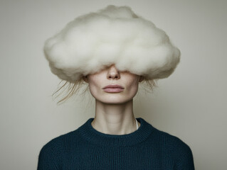 Surreal portrait of a woman with a fluffy cloud covering her head, creating a sense of mystery and detachment.