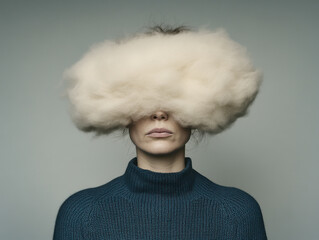 Conceptual portrait of a person with a dense white cloud obscuring their eyes, symbolizing daydreaming.