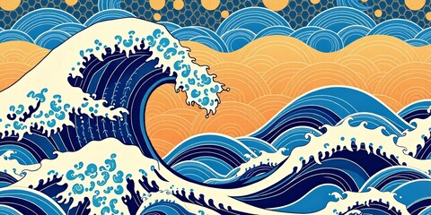 Abstract Japanese blue wave pattern, seamless design Modern luxury oriental background with copy space, modern, website