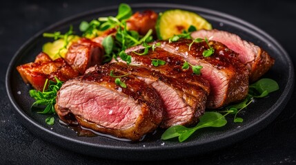 Succulent aromatic roast duck pan-seared with a five-spice glaze served with side garnishes
