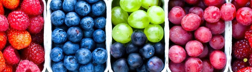 Obraz premium Fresh Assortment of Colorful Fruits Raspberries Blueberries Grapes and Red Berries Variety Display