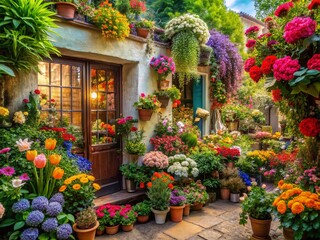 Obraz premium Whimsical Garden Flower Shop: Vibrant Oil Painting, Art Nouveau Style