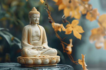 Fototapeta premium Ancient statue great Buddha on bright holiday composition, abstract vivid composition consists of fictional unreal fantastic vision on background
