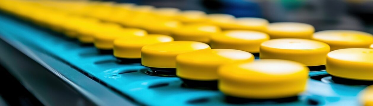 Yellow Caps on an Aqua Blue Conveyor Belt in Mass Production Manufacturing Process