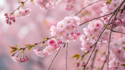 Obraz premium Blossom Beauty: A close-up captures the delicate beauty of cherry blossoms, their soft pink petals cascading from branches against a blurred, pastel backdrop, evoking a sense of spring, renewal.