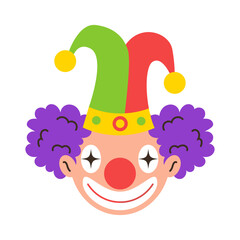 Cheerful clown with purple curly hair, red nose and festive hat. Vector illustration.