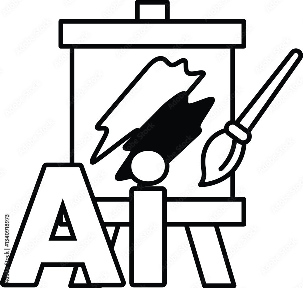 Wall mural drawing of a brush and a canvas with the letters a and i