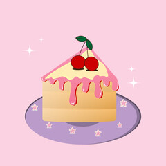 A peace of cherry cream cake illustration. A peace of cake. Cake  illustration.  Vector illustration . Sweet . Cute. 