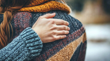 Healing Embrace: Fingers gently pressing against someoneâs back in a hug, symbolizing silent emotional support.