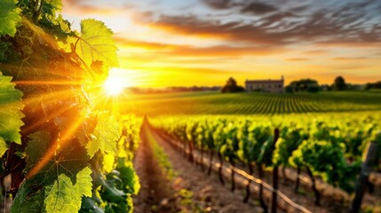 Naklejka premium Sunlit Vineyard Row at Sunset with Glistening Grape Leaves and Golden Sky over Countryside Farmland