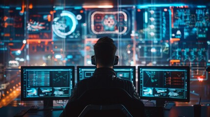 Cybersecurity expert monitoring potential breaches and malware threats in a data protection center at night