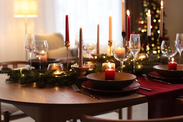 Festive table setting in room decorated for Christmas. Bokeh effect