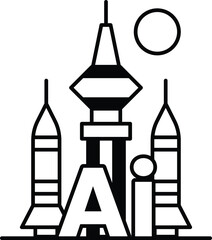 city skyline with a tower and a sun in the background