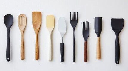 Various spatulas arranged neatly on a white background, including stainless steel, wooden, and silicone types. The clean layout highlights their differences in design and material.