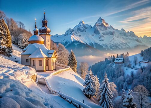 Winter Wonderland: Maria Gern Church & Watzmann Mountain, Bavaria, Germany