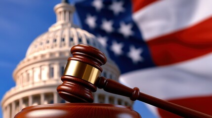 American Justice System Symbolism with Gavel Flag and Capitol Building Concept