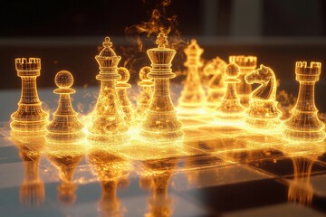 Illuminated chess pieces showcase intricate design during evening game in cozy indoors setting