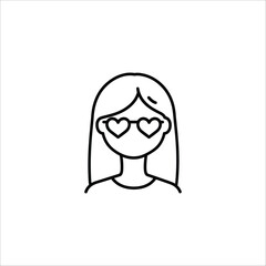 Stylized Black and White Vector Illustration of a Person with Long Hair and Heart-Shaped Glasses