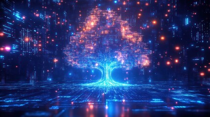Glowing Tree of Digital Transformation and Growth in Futuristic Technology with Binary Code and Cyber Elements