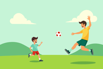 Vector illustration, father and son kicking a ball on the lawn.