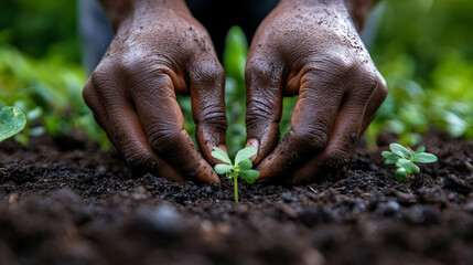 Hands planting small green seedling in rich garden soil.