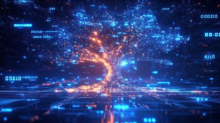 Obraz premium Glowing Digital Tree Symbolizing Growth of Artificial Intelligence and Technology Data with Binary Code and Algorithms