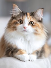 Fototapeta premium A close-up portrait of a beautiful calico cat with long fur. The cat has striking features including large, expressive green eyes, a pink nose, and a mix of white, orange.